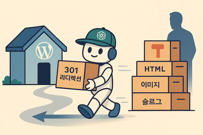 티스토리에서 워드프레스로 블로그 이사를 묘사한 장면. 챗지피티가 301 리디렉션 상자를 왼쪽 워드프레스 집으로 옮기고 있다.