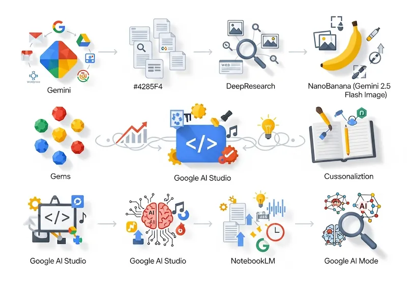 구글 무료 AI 도구 7가지 완벽 가이드 인포그래픽 - Gemini, DeepResearch, NanoBanana, Gems, Google AI Studio, NotebookLM, Google AI Mode 기능별 아이콘과 연결 플로우 차트